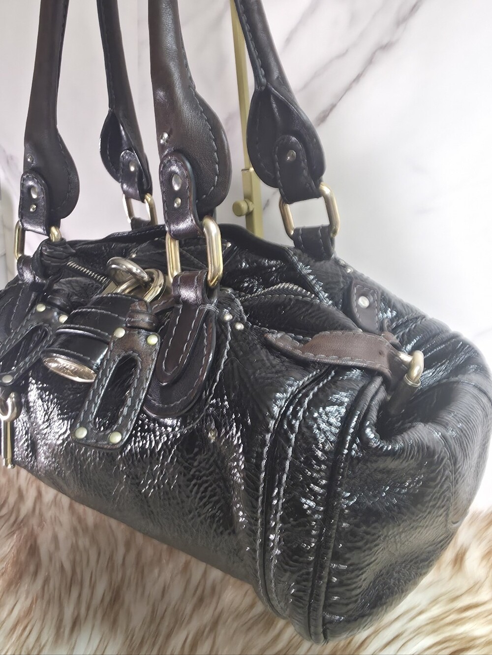Chloe Black Patent Leather Satchel with Gold Hardware - Picture 4 of 16